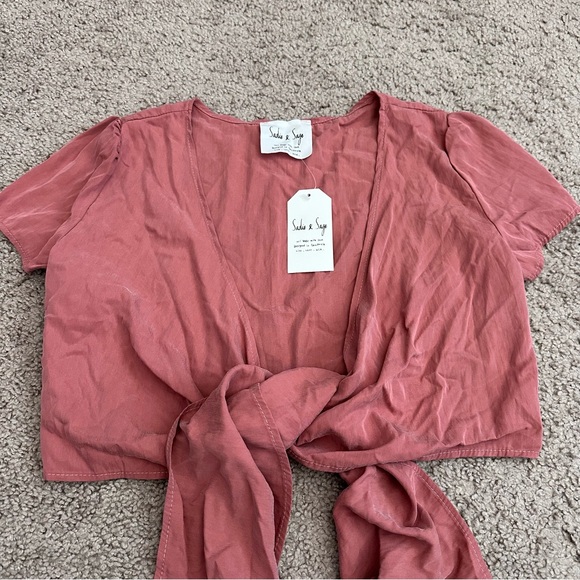 Sadie & Sage Tie-Front Crop Short Sleeve Blouse Shirt Womens S Dusty Rose - Picture 10 of 12